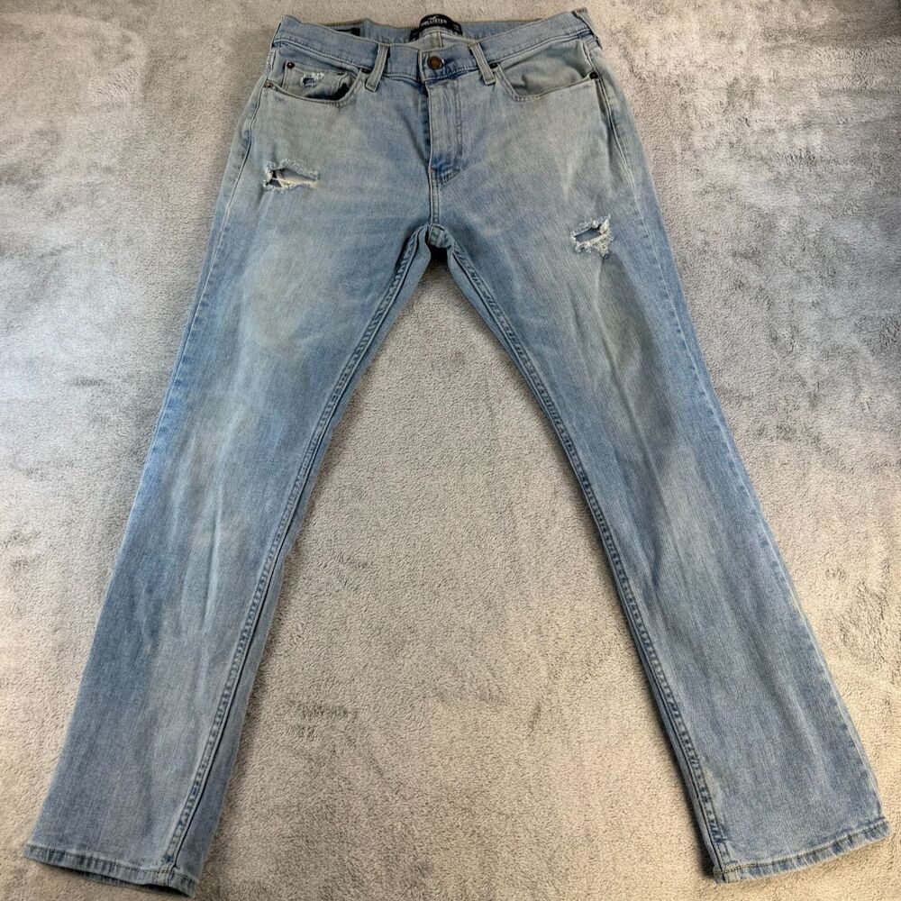 Hollister Slim Straight Jeans Men 32x32 Epic Flex Light Wash Distressed